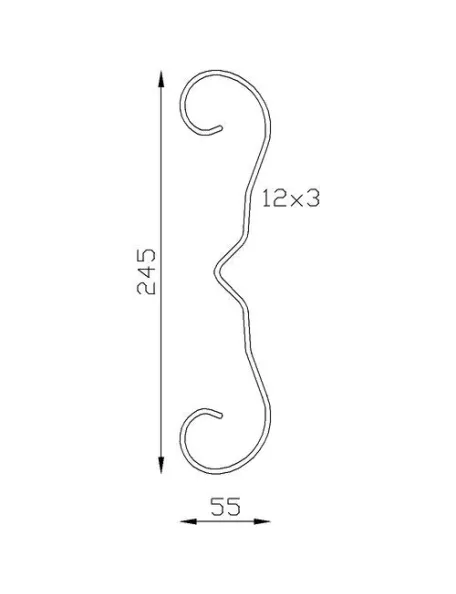 Schéma de la volute fer forgé en forme de 3 H245x55 en plat de 12x3 ref.14061