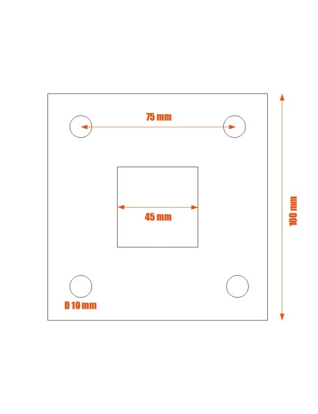 Platine d'ancrage acier 100x100 ép.6 mm - Trou carré central de 40 mm