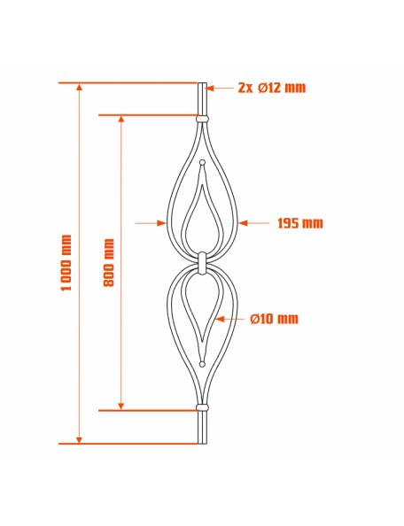 Barreau décoratif forme goutte - 1 mètre - acier rond 12 mm
