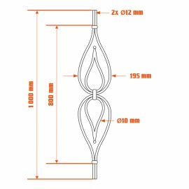 Barreau décoratif forme goutte - 1 mètre - acier rond 12 mm