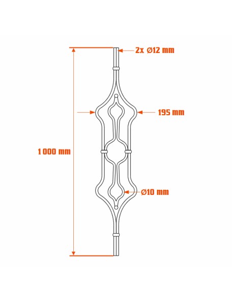 Barreau en fer forgé 1 mètre - motif losange