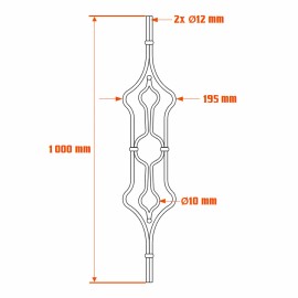 Barreau en fer forgé 1 mètre - motif losange