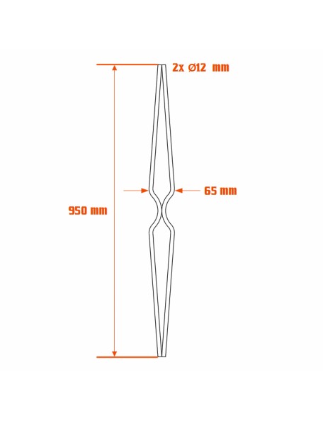 Barreau fer forgé H950 x L65 mm 2x Ø 12 mm - Centre affiné