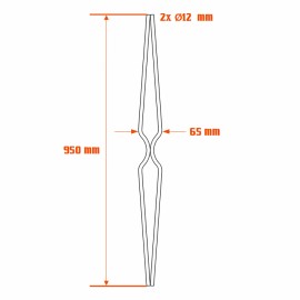 Barreau fer forgé H950 x L65 mm 2x Ø 12 mm - Centre affiné