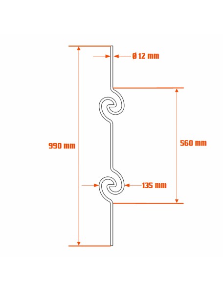 Barreau fer forgé H990 x L135 mm Ø12 - Doubles spirales
