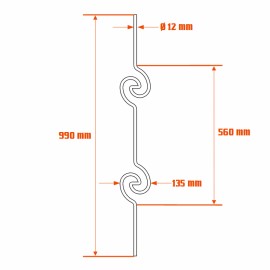 Barreau fer forgé H990 x L135 mm Ø12 - Doubles spirales