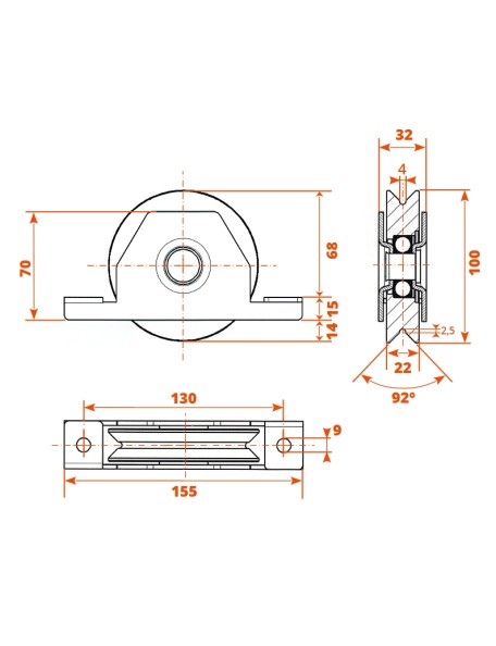 Roue pour portail à gorge en V pour Ø100mm support intérieur