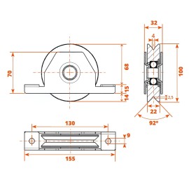 Roue pour portail à gorge en V pour Ø100mm support intérieur