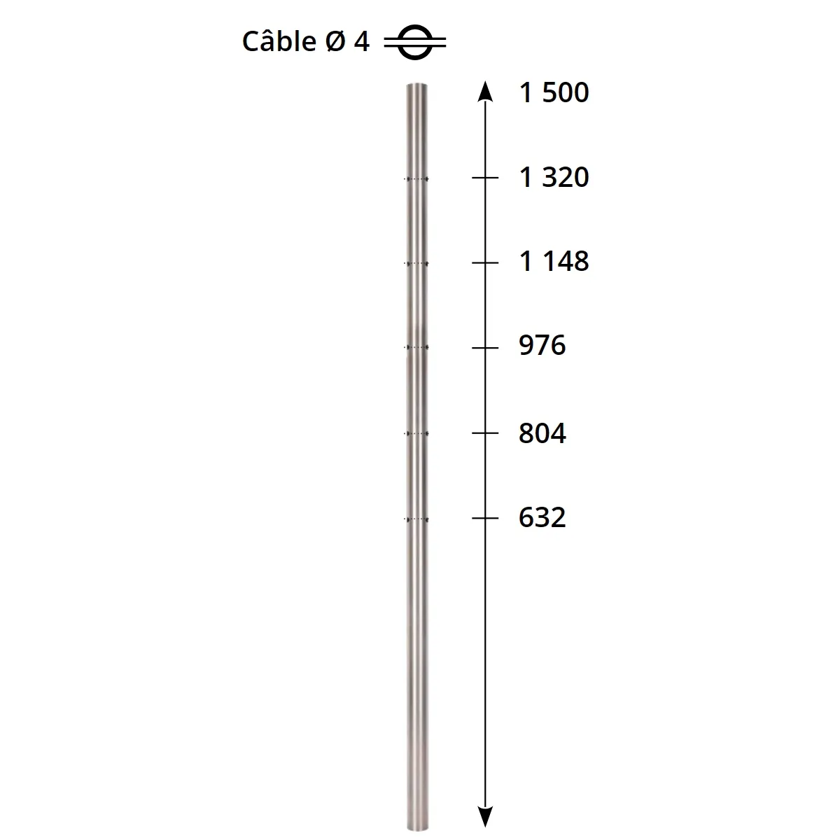 Barreau inox intermédiaire pour câble traversant - pose en façade