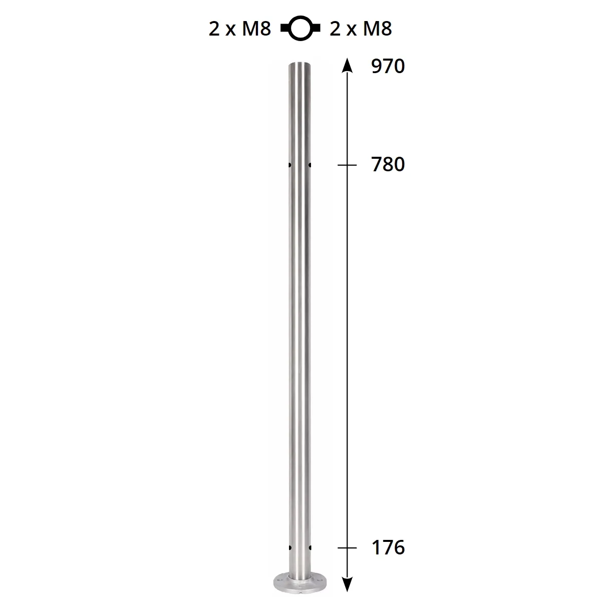 Poteau pour garde-corps verre et inox 2+2 M8