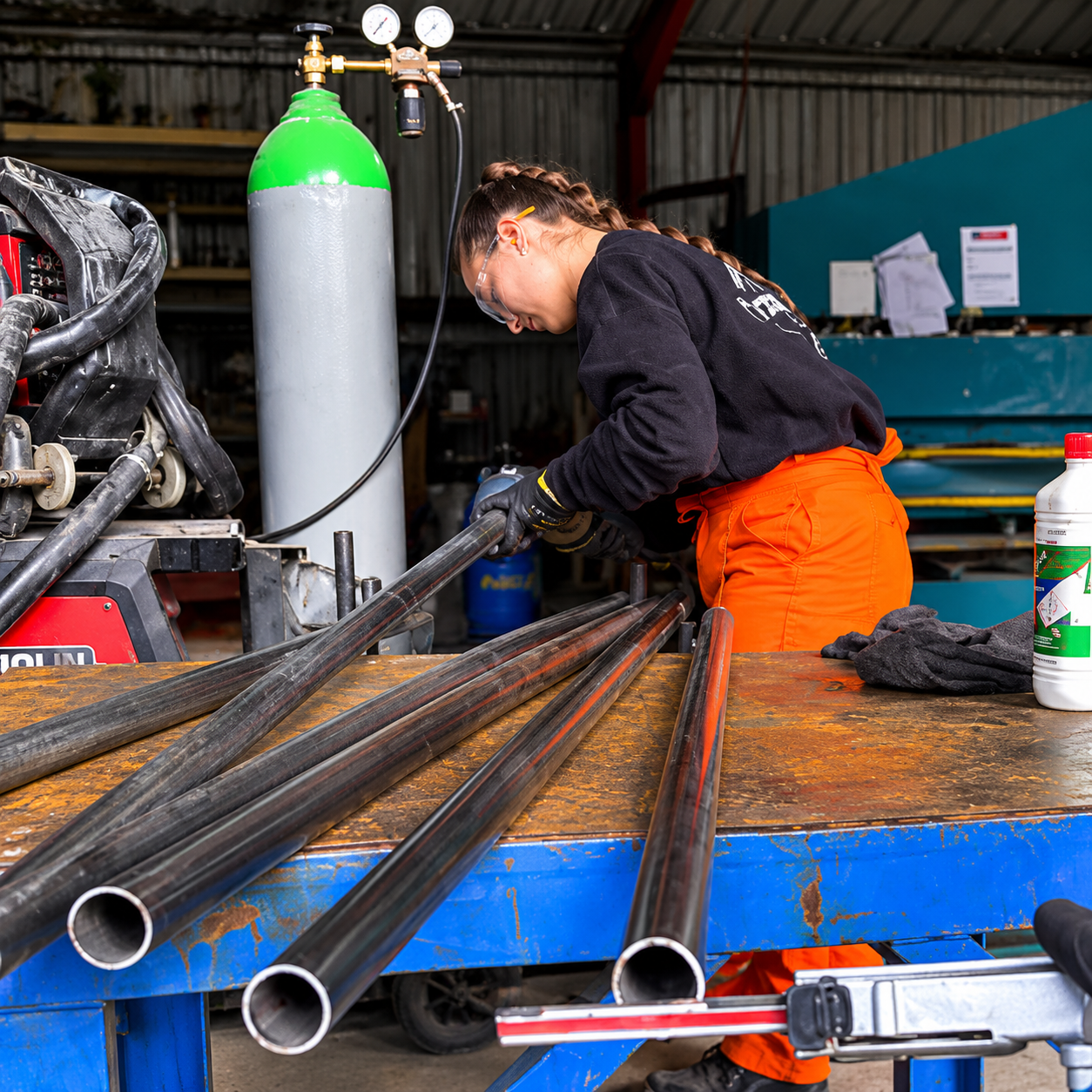 Découpe en biais des tubes en acier à l'aide d'une meuleuse.